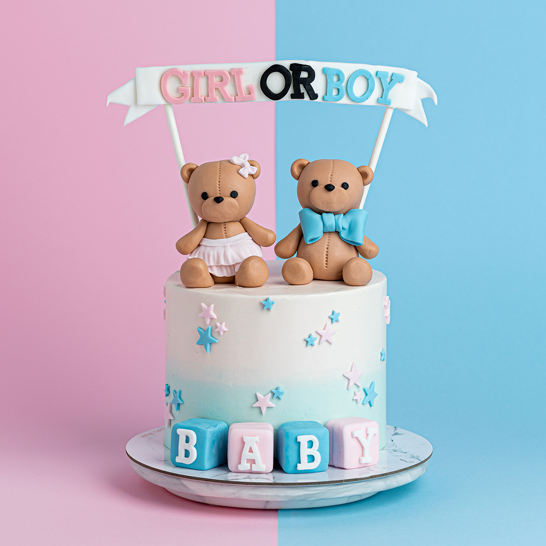 Teddy Bears with Pennant Gender Reveal Cake Baker's Brew Studio Pte